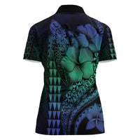 Hawaiian Sea Turtle Women Polo Shirt Blue Hibiscus Flowers and Kakau Pattern LT9 - Polynesian Pride