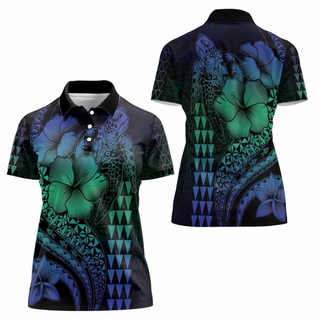 Hawaiian Sea Turtle Women Polo Shirt Blue Hibiscus Flowers and Kakau Pattern LT9 - Polynesian Pride