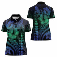 Hawaiian Sea Turtle Women Polo Shirt Blue Hibiscus Flowers and Kakau Pattern LT9 - Polynesian Pride