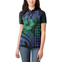 Hawaiian Sea Turtle Women Polo Shirt Blue Hibiscus Flowers and Kakau Pattern LT9 - Polynesian Pride