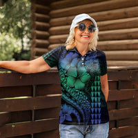 Hawaiian Sea Turtle Women Polo Shirt Blue Hibiscus Flowers and Kakau Pattern LT9 - Polynesian Pride