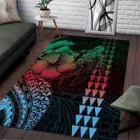 Hawaiian Sea Turtle Area Rug Green Hibiscus Flowers and Kakau Pattern LT9 Green - Polynesian Pride
