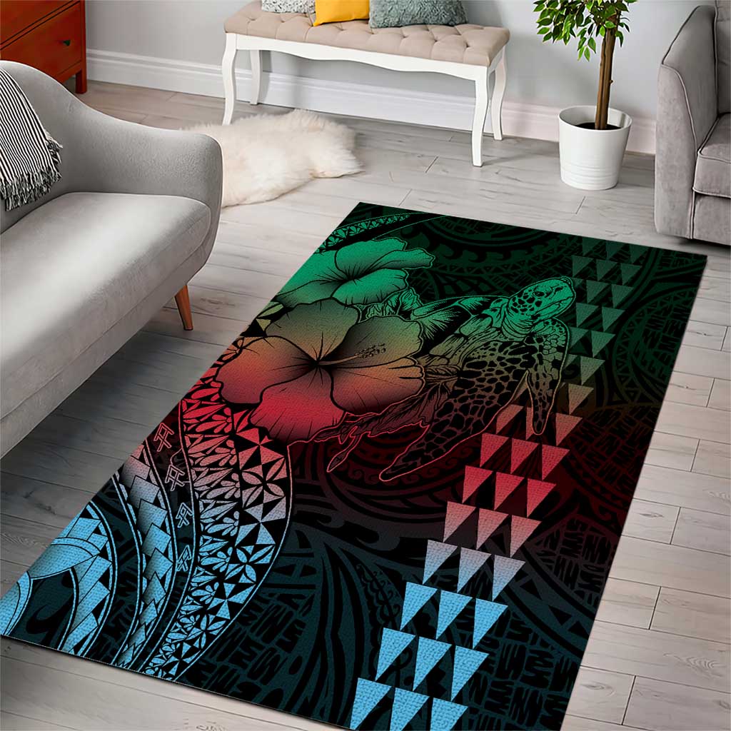Hawaiian Sea Turtle Area Rug Green Hibiscus Flowers and Kakau Pattern LT9 - Polynesian Pride