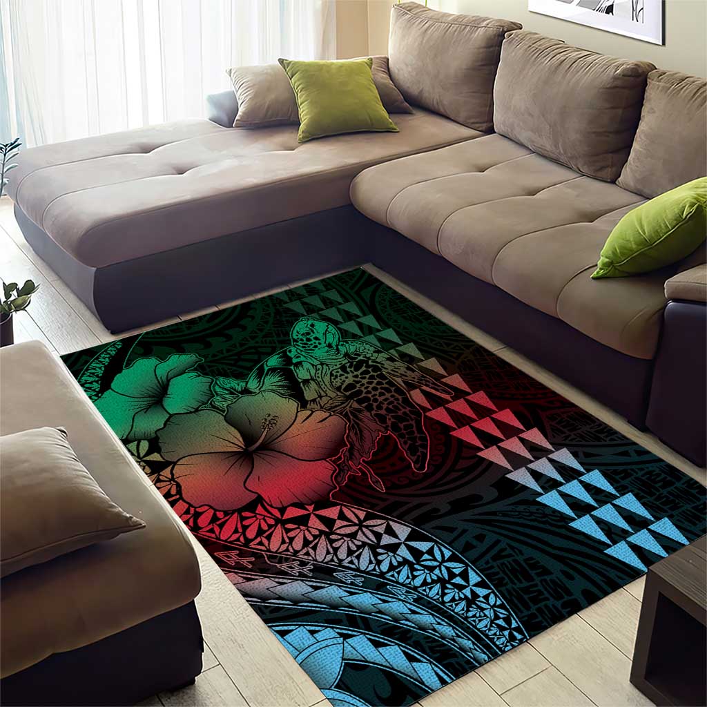 Hawaiian Sea Turtle Area Rug Green Hibiscus Flowers and Kakau Pattern LT9 - Polynesian Pride