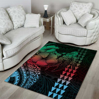 Hawaiian Sea Turtle Area Rug Green Hibiscus Flowers and Kakau Pattern LT9 - Polynesian Pride