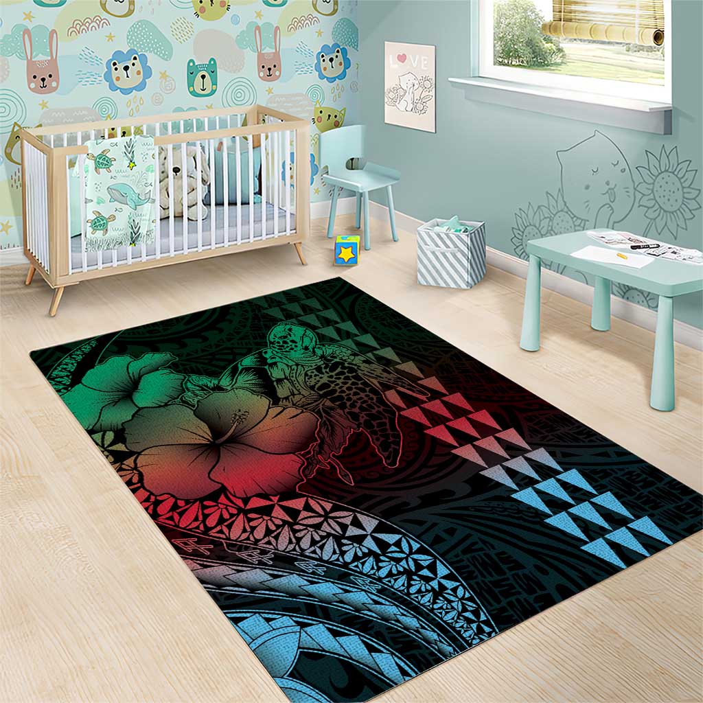 Hawaiian Sea Turtle Area Rug Green Hibiscus Flowers and Kakau Pattern LT9 - Polynesian Pride