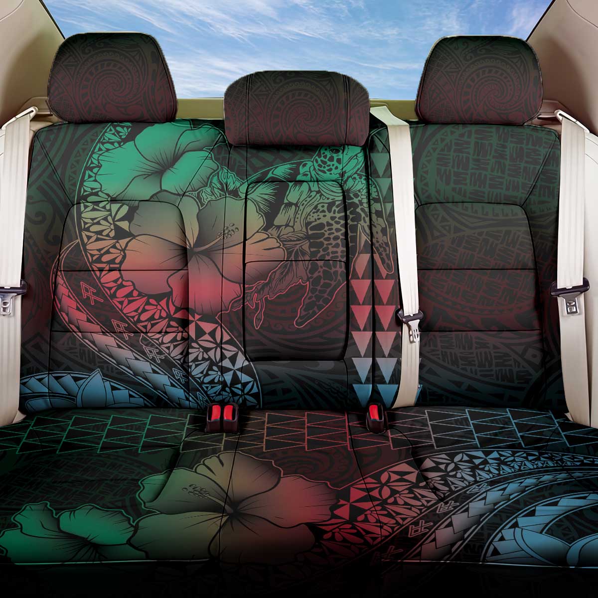 Hawaiian Sea Turtle Back Car Seat Cover Green Hibiscus Flowers and Kakau Pattern LT9 One Size Green - Polynesian Pride