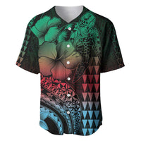 Hawaiian Sea Turtle Baseball Jersey Green Hibiscus Flowers and Kakau Pattern LT9 Green - Polynesian Pride