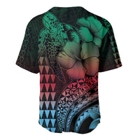 Hawaiian Sea Turtle Baseball Jersey Green Hibiscus Flowers and Kakau Pattern LT9 - Polynesian Pride