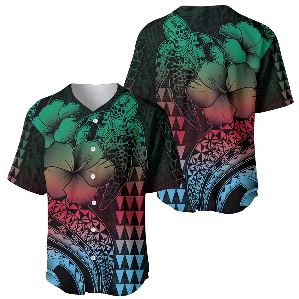 Hawaiian Sea Turtle Baseball Jersey Green Hibiscus Flowers and Kakau Pattern LT9 - Polynesian Pride