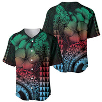 Hawaiian Sea Turtle Baseball Jersey Green Hibiscus Flowers and Kakau Pattern LT9 - Polynesian Pride