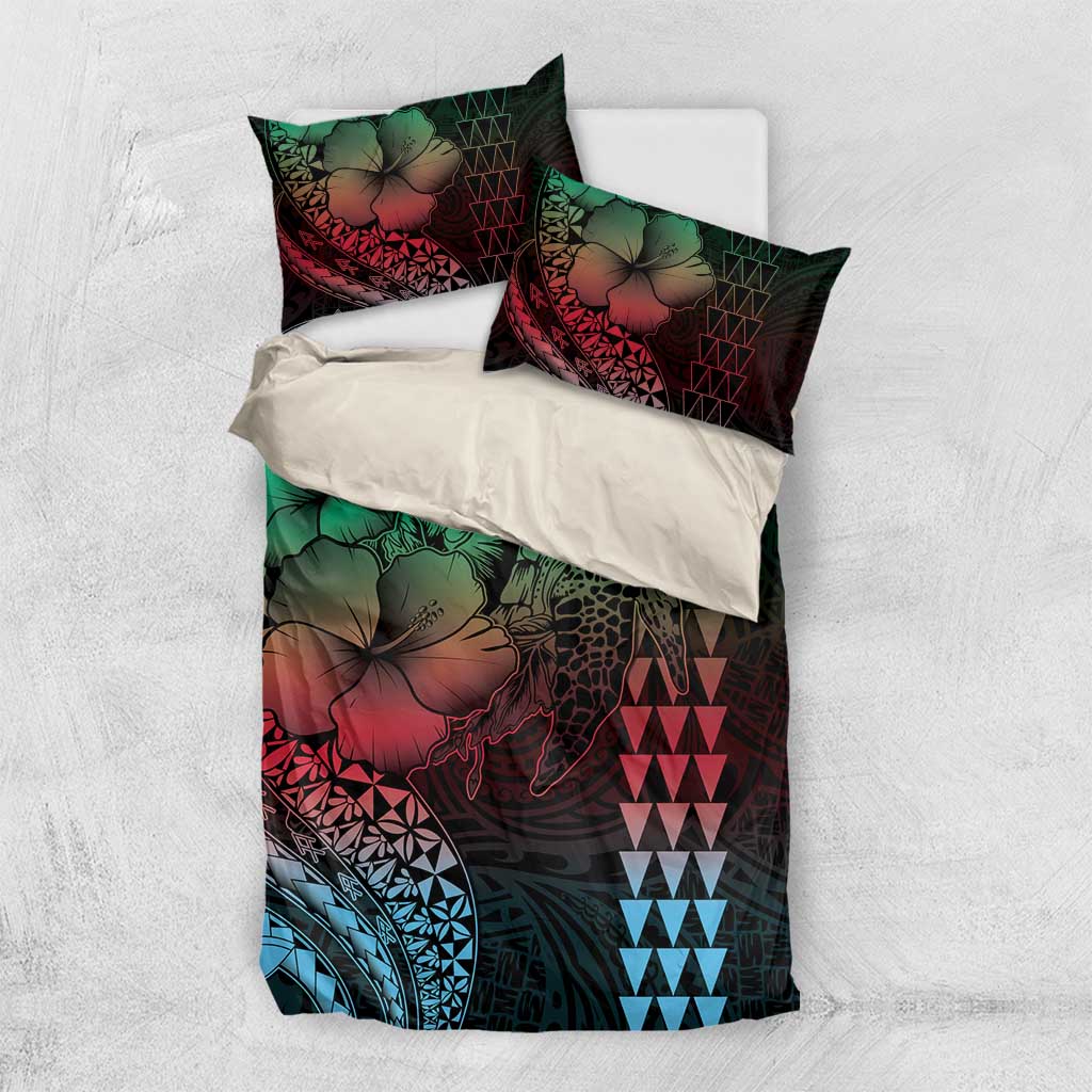 Hawaiian Sea Turtle Bedding Set Green Hibiscus Flowers and Kakau Pattern LT9 US Twin 172cm x 218cm Green - Polynesian Pride