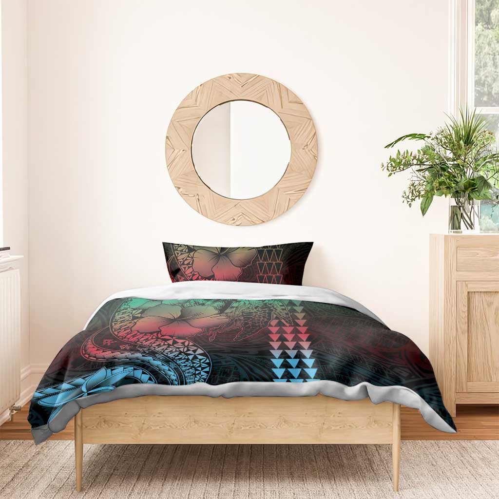 Hawaiian Sea Turtle Bedding Set Green Hibiscus Flowers and Kakau Pattern LT9 - Polynesian Pride