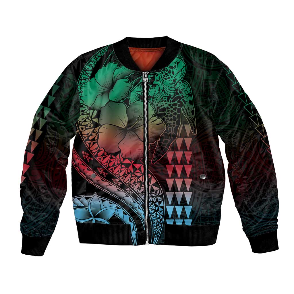 Hawaiian Sea Turtle Bomber Jacket Green Hibiscus Flowers and Kakau Pattern LT9 Unisex Green - Polynesian Pride