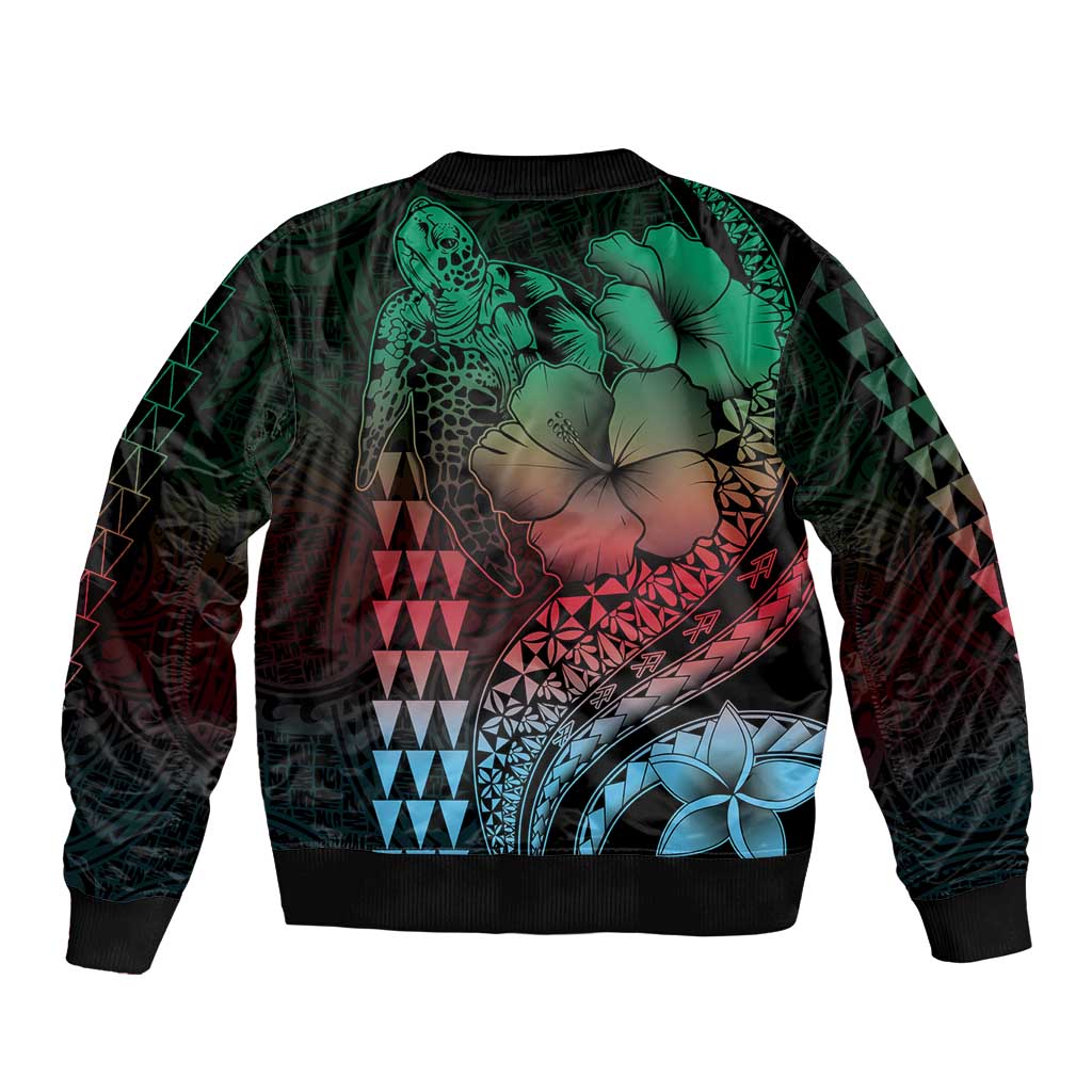 Hawaiian Sea Turtle Bomber Jacket Green Hibiscus Flowers and Kakau Pattern LT9 - Polynesian Pride