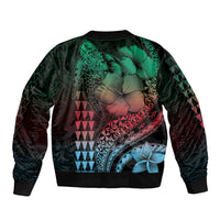 Hawaiian Sea Turtle Bomber Jacket Green Hibiscus Flowers and Kakau Pattern LT9 - Polynesian Pride