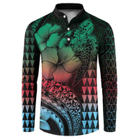 Hawaiian Sea Turtle Button Sweatshirt Green Hibiscus Flowers and Kakau Pattern LT9 Green - Polynesian Pride