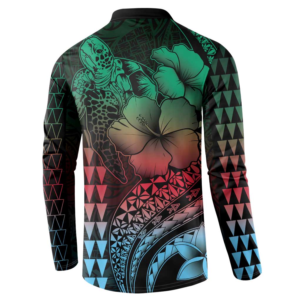 Hawaiian Sea Turtle Button Sweatshirt Green Hibiscus Flowers and Kakau Pattern LT9 - Polynesian Pride