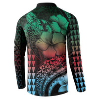 Hawaiian Sea Turtle Button Sweatshirt Green Hibiscus Flowers and Kakau Pattern LT9 - Polynesian Pride