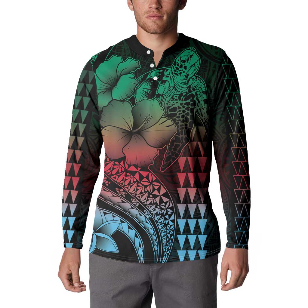 Hawaiian Sea Turtle Button Sweatshirt Green Hibiscus Flowers and Kakau Pattern LT9 - Polynesian Pride