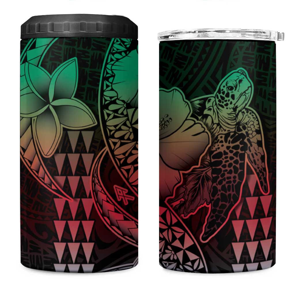Hawaiian Sea Turtle 4 in 1 Can Cooler Tumbler Green Hibiscus Flowers and Kakau Pattern LT9 One Size: 16 oz Green - Polynesian Pride