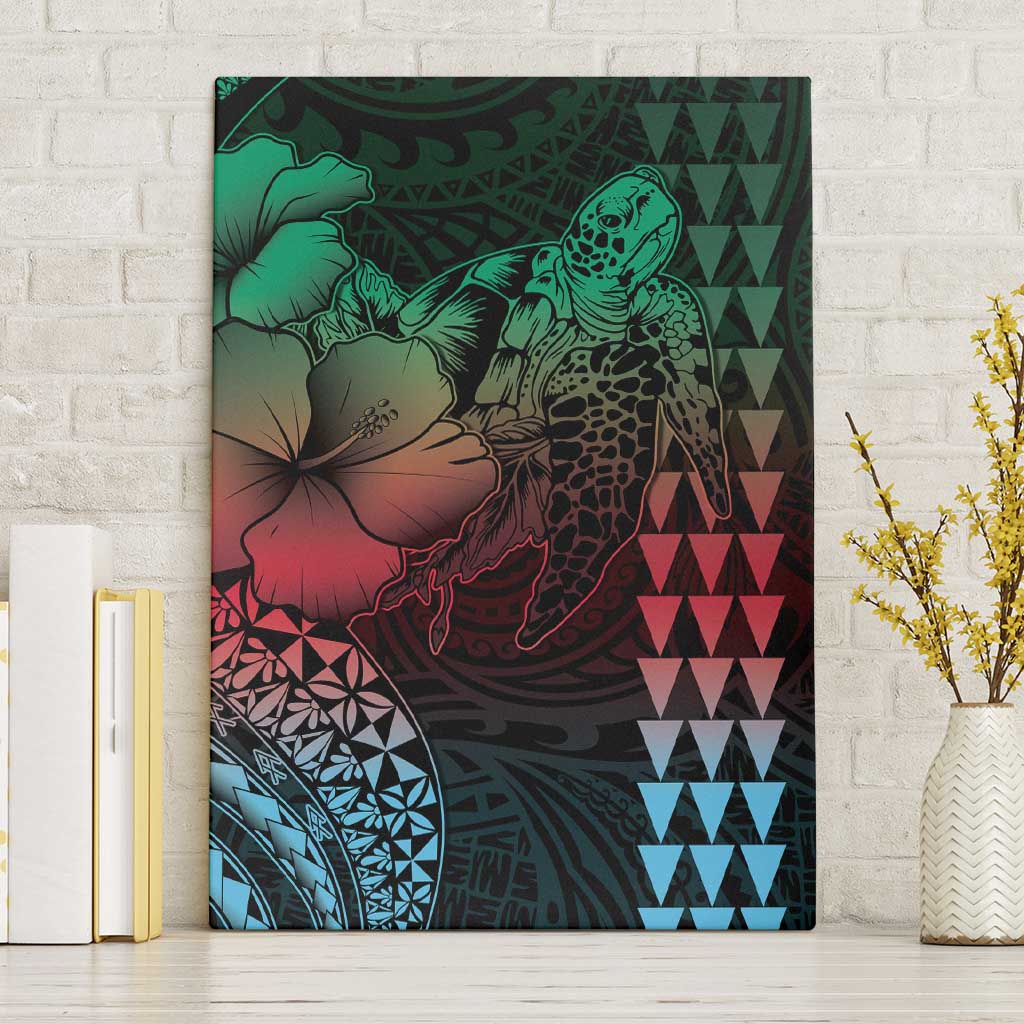 Hawaiian Sea Turtle Canvas Wall Art Green Hibiscus Flowers and Kakau Pattern LT9 Without Frame Green - Polynesian Pride