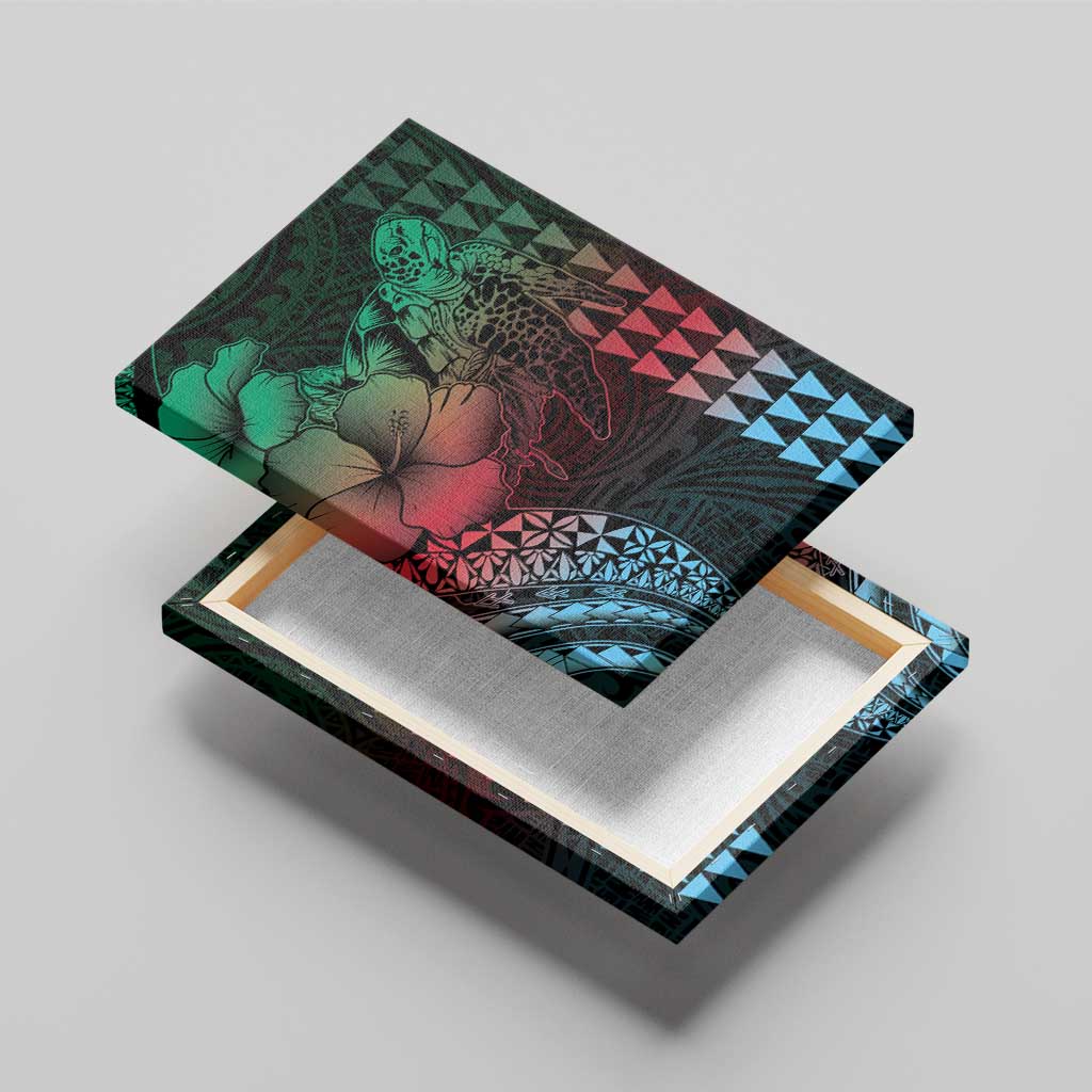 Hawaiian Sea Turtle Canvas Wall Art Green Hibiscus Flowers and Kakau Pattern LT9 - Polynesian Pride