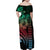 Hawaiian Sea Turtle Family Matching Off Shoulder Maxi Dress and Hawaiian Shirt Green Hibiscus Flowers and Kakau Pattern