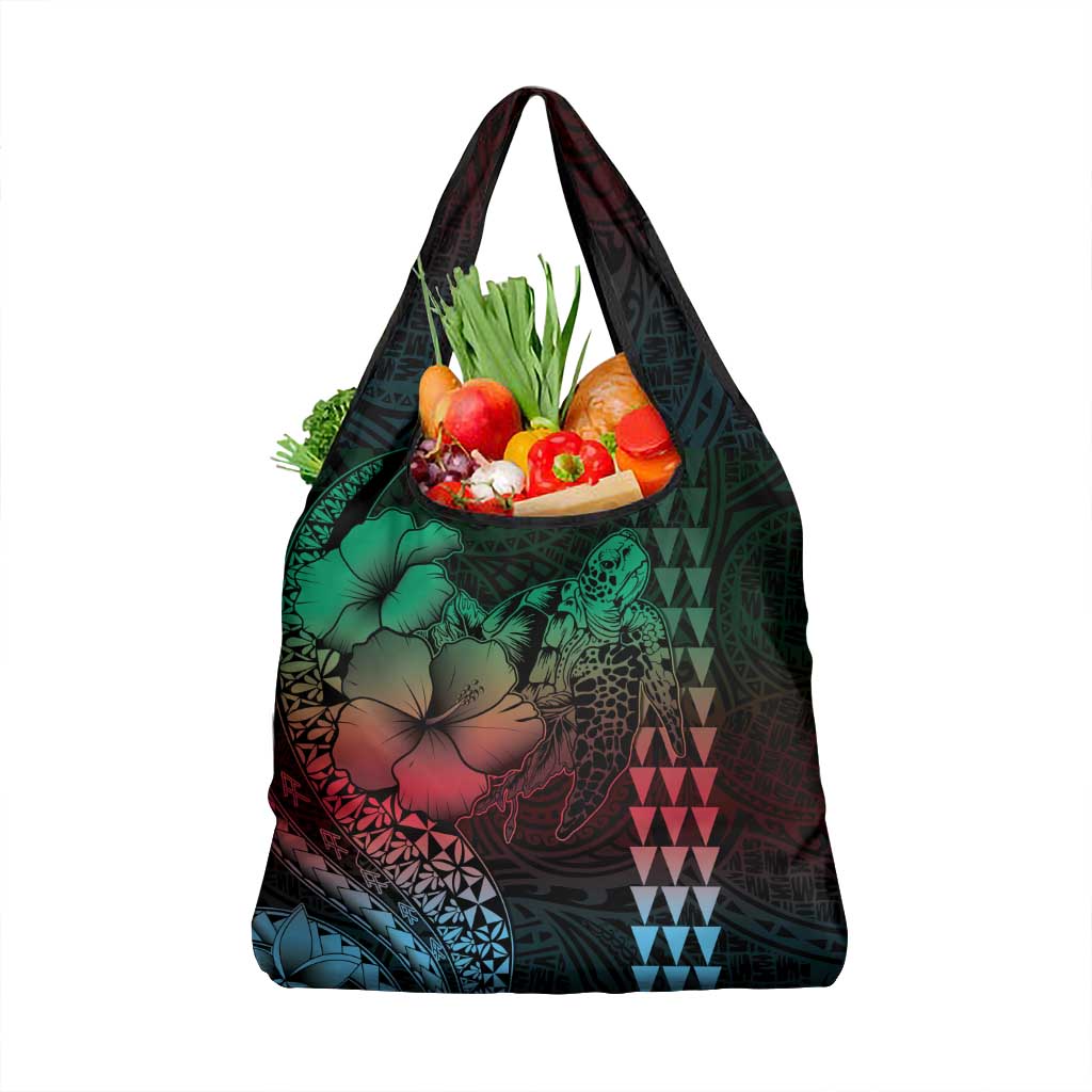 Hawaiian Sea Turtle Grocery Bag Green Hibiscus Flowers and Kakau Pattern LT9 1-pack One Size Green - Polynesian Pride