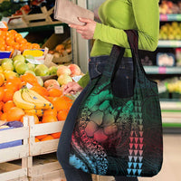 Hawaiian Sea Turtle Grocery Bag Green Hibiscus Flowers and Kakau Pattern LT9 - Polynesian Pride