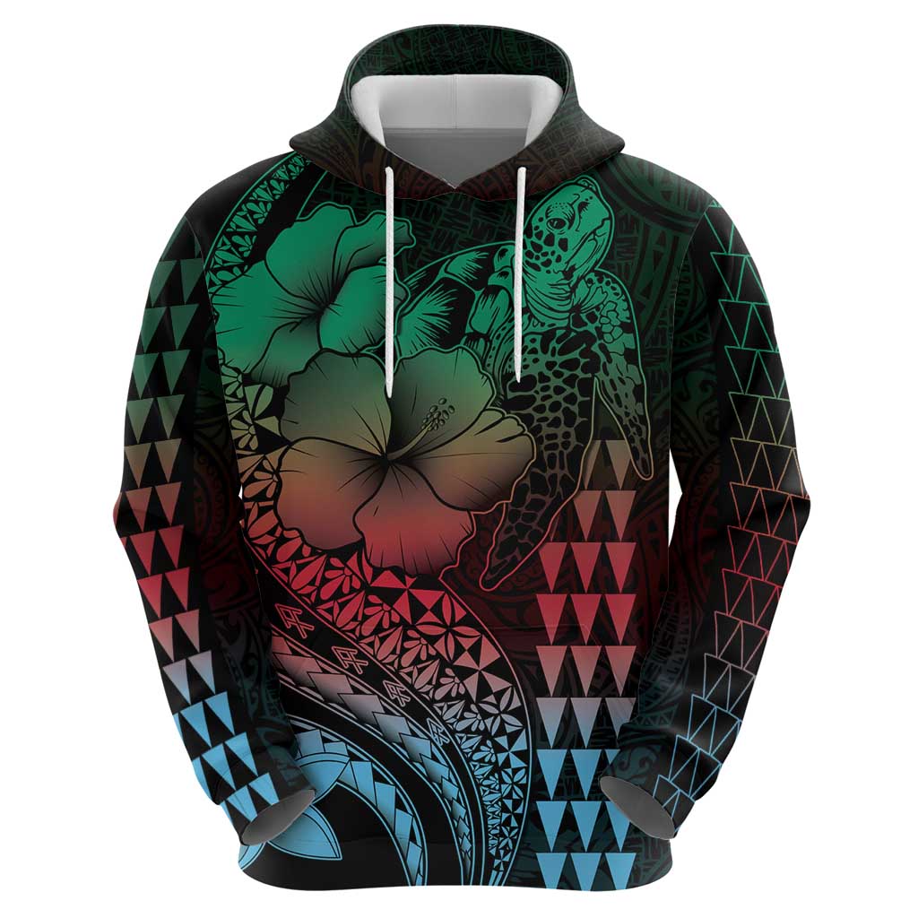 Hawaiian Sea Turtle Hoodie Green Hibiscus Flowers and Kakau Pattern LT9 - Polynesian Pride