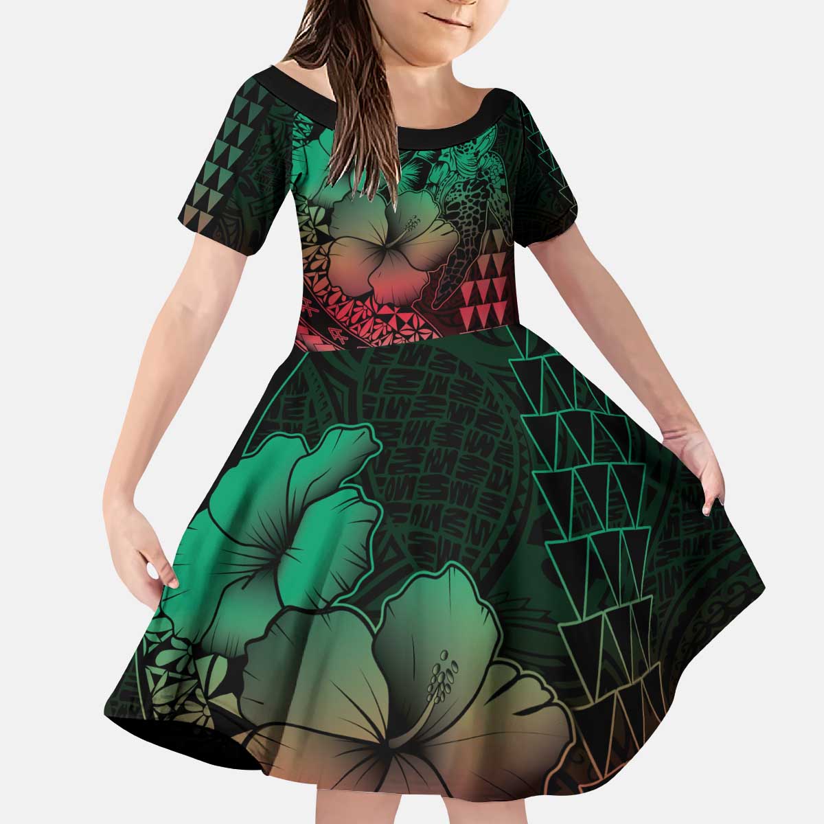 Hawaiian Sea Turtle Kid Short Sleeve Dress Green Hibiscus Flowers and Kakau Pattern LT9 KID Green - Polynesian Pride