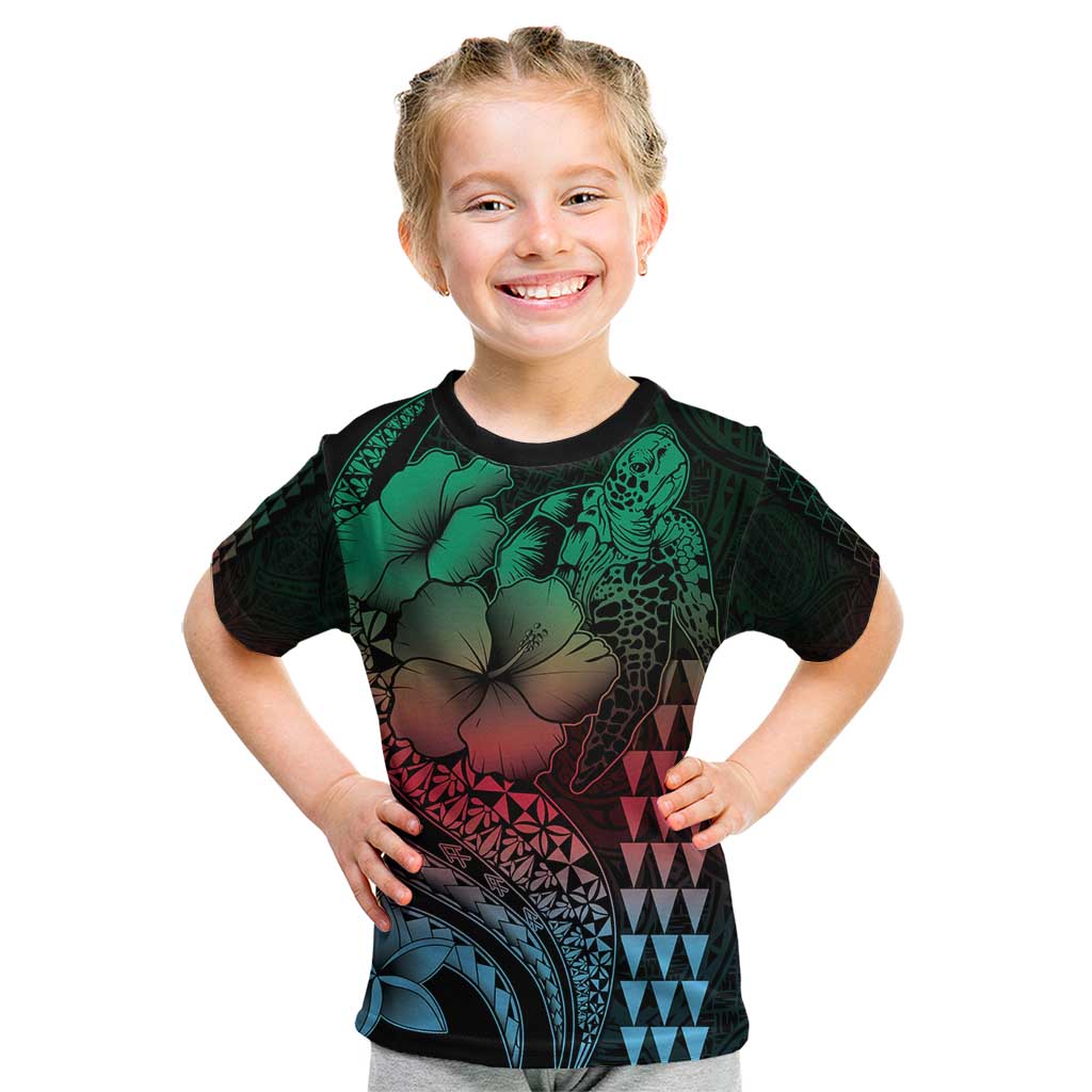 Hawaiian Sea Turtle Kid T Shirt Green Hibiscus Flowers and Kakau Pattern LT9 Green - Polynesian Pride