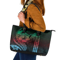 Hawaiian Sea Turtle Leather Tote Bag Green Hibiscus Flowers and Kakau Pattern LT9 Green - Polynesian Pride