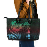 Hawaiian Sea Turtle Leather Tote Bag Green Hibiscus Flowers and Kakau Pattern LT9 - Polynesian Pride