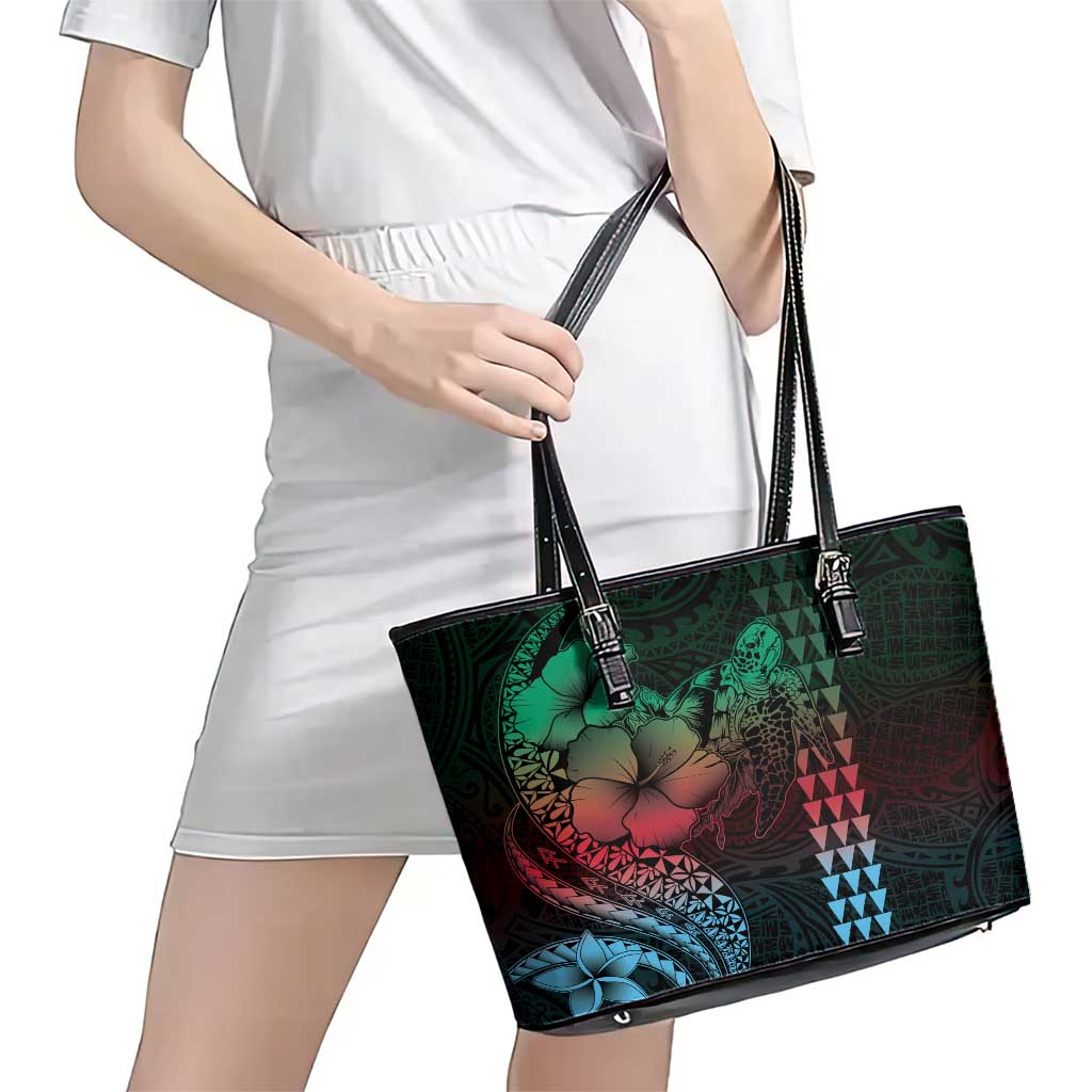 Hawaiian Sea Turtle Leather Tote Bag Green Hibiscus Flowers and Kakau Pattern LT9 - Polynesian Pride