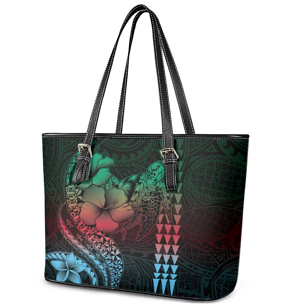 Hawaiian Sea Turtle Leather Tote Bag Green Hibiscus Flowers and Kakau Pattern LT9 - Polynesian Pride