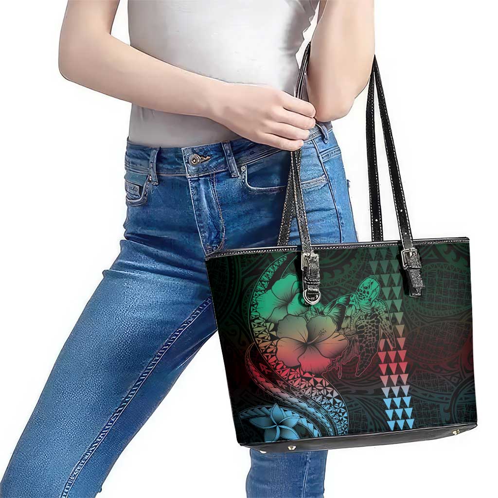 Hawaiian Sea Turtle Leather Tote Bag Green Hibiscus Flowers and Kakau Pattern LT9 - Polynesian Pride