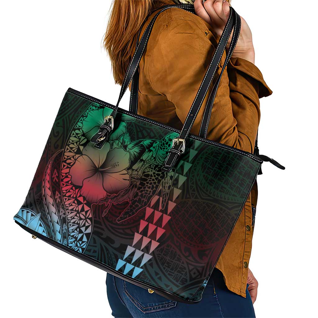 Hawaiian Sea Turtle Leather Tote Bag Green Hibiscus Flowers and Kakau Pattern LT9 - Polynesian Pride