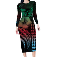 Hawaiian Sea Turtle Long Sleeve Bodycon Dress Green Hibiscus Flowers and Kakau Pattern LT9 Long Dress Green - Polynesian Pride