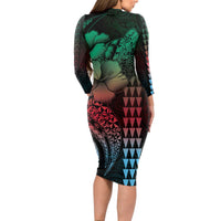 Hawaiian Sea Turtle Long Sleeve Bodycon Dress Green Hibiscus Flowers and Kakau Pattern LT9 - Polynesian Pride