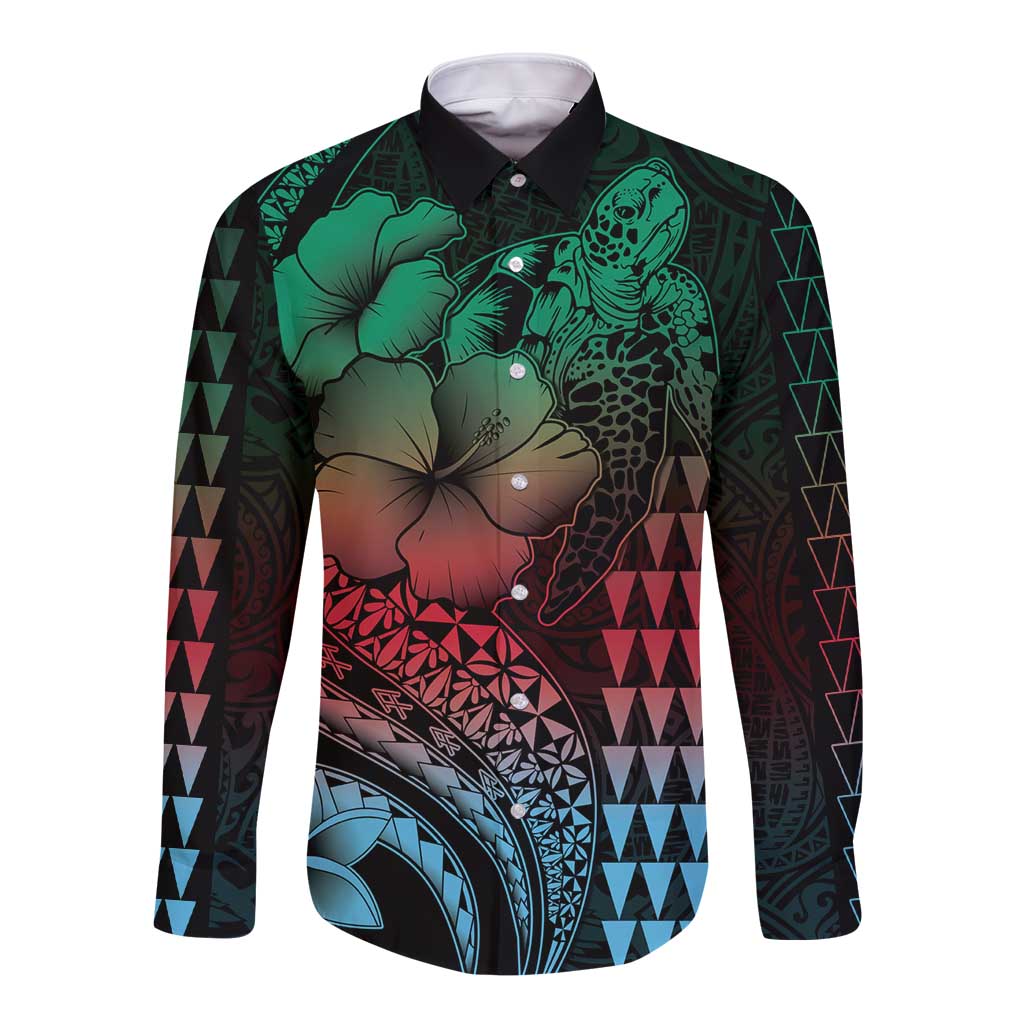 Hawaiian Sea Turtle Long Sleeve Button Shirt Green Hibiscus Flowers and Kakau Pattern LT9 Unisex Green - Polynesian Pride