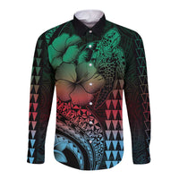 Hawaiian Sea Turtle Long Sleeve Button Shirt Green Hibiscus Flowers and Kakau Pattern LT9 Unisex Green - Polynesian Pride
