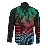 Hawaiian Sea Turtle Long Sleeve Button Shirt Green Hibiscus Flowers and Kakau Pattern LT9 - Polynesian Pride