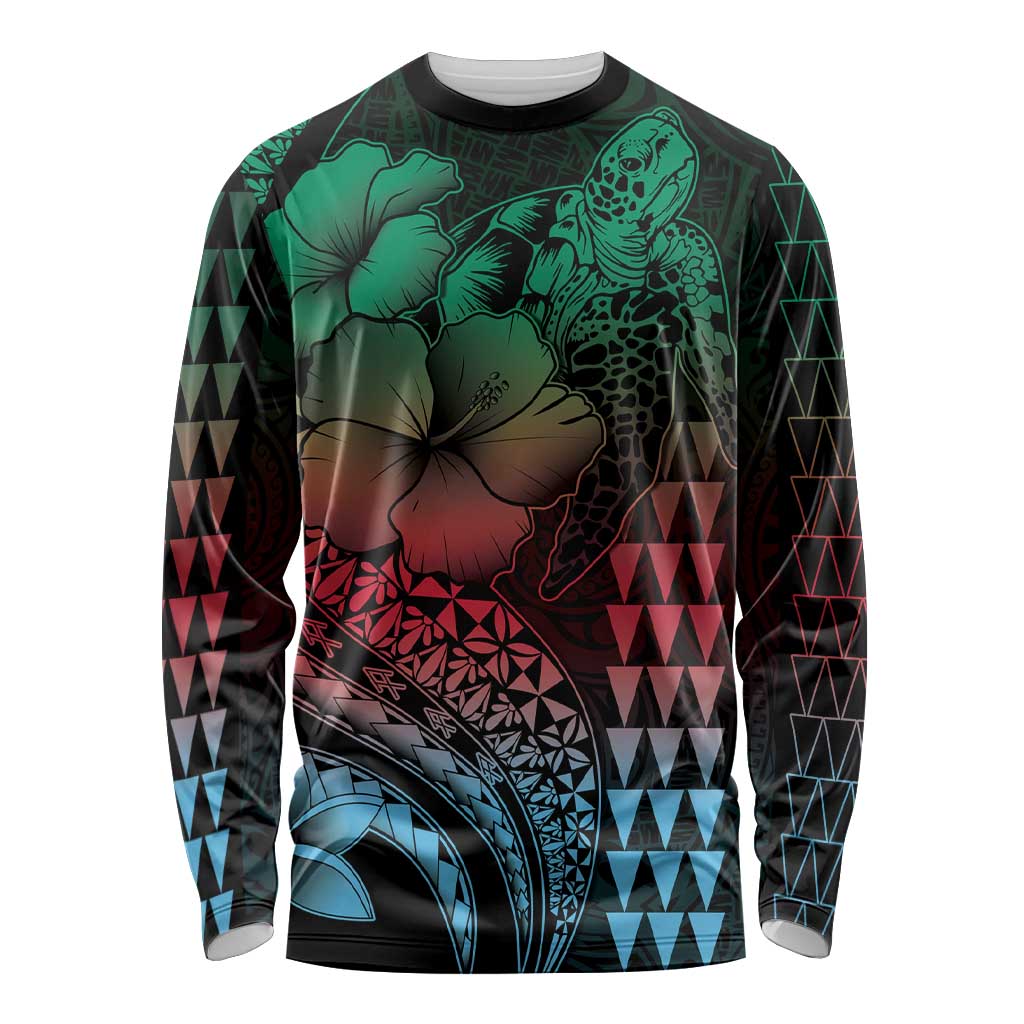 Hawaiian Sea Turtle Long Sleeve Shirt Green Hibiscus Flowers and Kakau Pattern LT9 Unisex Green - Polynesian Pride