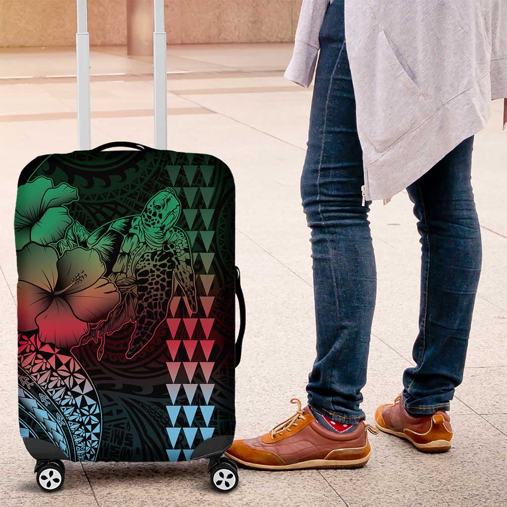 Hawaiian Sea Turtle Luggage Cover Green Hibiscus Flowers and Kakau Pattern LT9 Green - Polynesian Pride