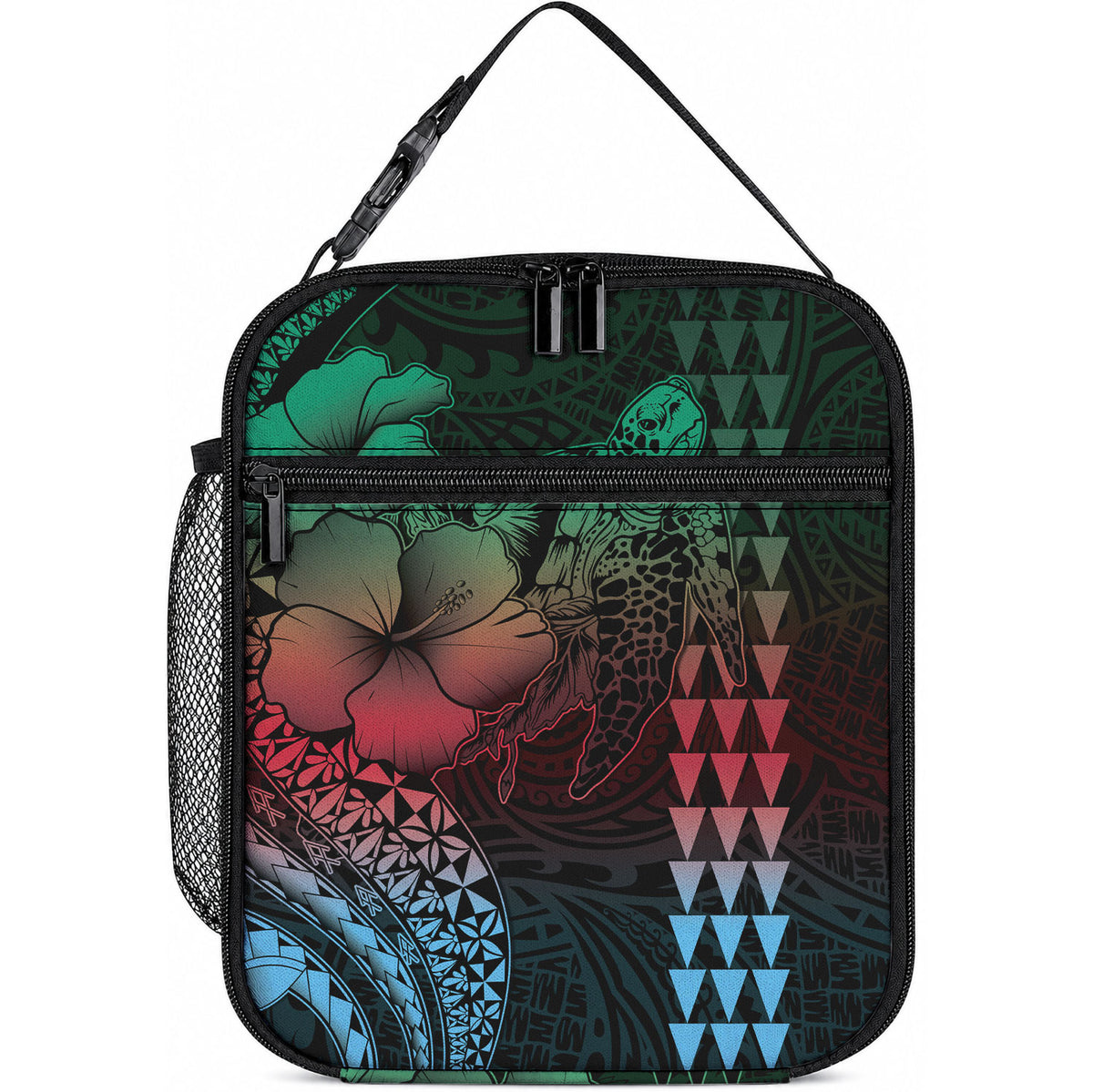 Hawaiian Sea Turtle Lunch Bag Green Hibiscus Flowers and Kakau Pattern LT9 10.2 × 8.3 × 4.3 inch Green - Polynesian Pride