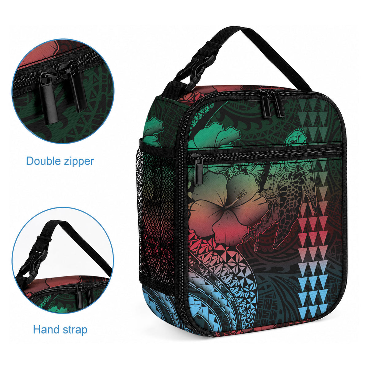 Hawaiian Sea Turtle Lunch Bag Green Hibiscus Flowers and Kakau Pattern LT9 - Polynesian Pride
