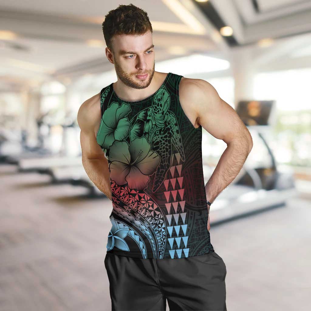 Hawaiian Sea Turtle Men Tank Top Green Hibiscus Flowers and Kakau Pattern LT9 Green - Polynesian Pride