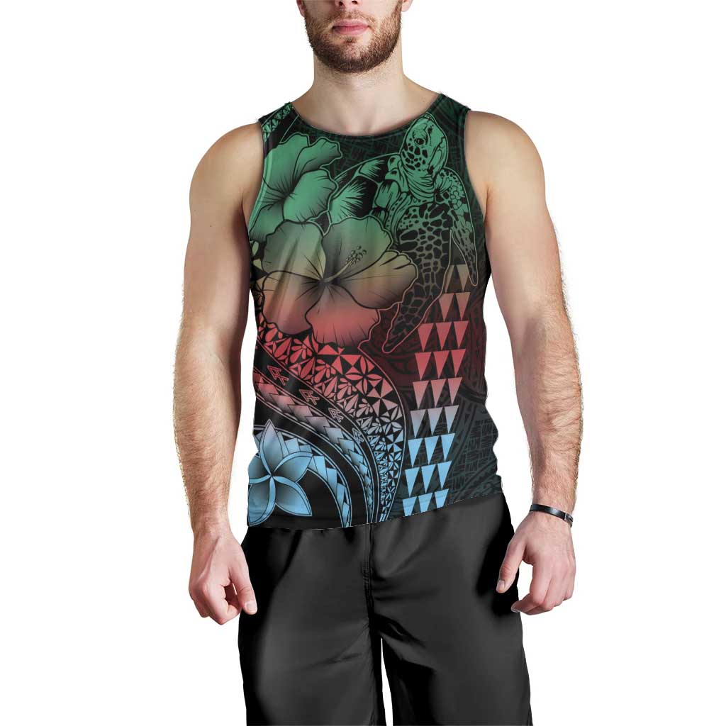 Hawaiian Sea Turtle Men Tank Top Green Hibiscus Flowers and Kakau Pattern LT9 - Polynesian Pride